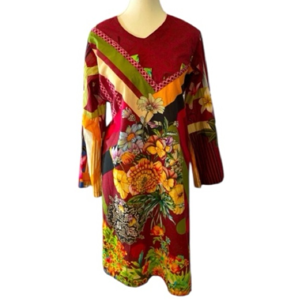 Adnan Fahad Boho Floral Patchwork Tunic‎ Top/ Dress L Vibrant Multicolor Artwear